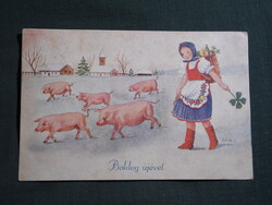 Képeslap,Bacsa János grafika,ünnepi,újévi,népviselet,malac,Barasits Bp. kiadás,1939-
