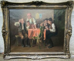 Hatalmas Kocsma jelenet festmény olaj vàszon festmény. 80x100 cm Horváth G. Andor