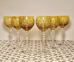 Takács Kristály borostyán színű vintage borospohár készlet – 6 db kézzel csiszolt ólomkristály