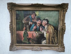 Antik Kocsma jelenet beszélgető parasztok, eredeti keretbenl. Borozgató mulatós, Horváth G Andor