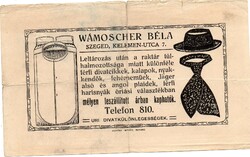 Reklám cédula: Wámoscher Béla úri divat, Szeged 1913.