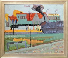 Ballagó Imre: Vasútállomás (olajfestmény) Vonat, gőzmozdony