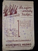 1935 körül, reklám itatóspapírra nyomtatva, Kovacsevics Milenló iskoiai ruházat