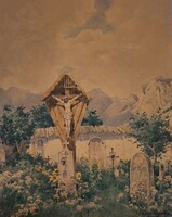 1 ft-ról! Veress Elemér (1876-1959) Tiroli temető. Akvarell/papír,  33x26cm, kerete nincs!  Jelzett