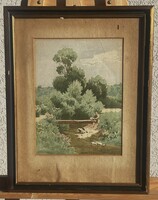 Veress Zoltán (1868-1935): "Bicskei táj alakkal" akvarell festmény