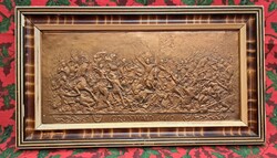Középkori lovagi kép, csatajelenetes réz domborkép (M5949)
