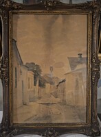 1 ft-ról! Tabáni utcakép, akvarell/papír. 58x40cm, plusz üvegezett keret!  Jelzett (ismeretlen) 1919