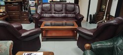 Antique Burgundy Upholstered Lounge Suite with Footstools, 3-Seater Leather Sofa + 2 Recliner Chairs