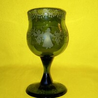 Régi, savmaratott, zöld talpas üveg kehely.