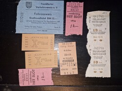 1970-es évek, hét darab közlekedési jegy, kéregjeggyel, német-svájc-magyar