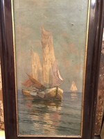 Ch. Soubreny: Ships on the sea, oil on canvas