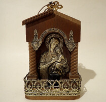 Vintage fa fém ortodox keresztény házi oltár ikon Szűz Mária a Kisdeddel vallási kegytárgy