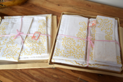 RENDKÍVÜLI Régi kézi hímzett Madeira vászon 2 paplanhuzat 2 nagy 2 kispárna garnitúra tükrös ágynemű