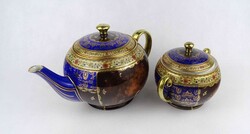 1Y412 Antik kék - arany színű jelenetes Altwien porcelán teáskanna és bonbonier