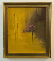 Piros esernyő esti fényben. Modern olajfestmény.