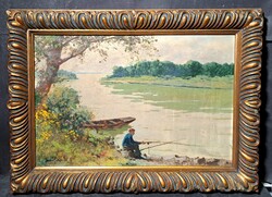 Horgász a vízparton - olaj, vászon, szép arany keretben! Szabó Lajos (?) jelzés