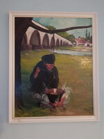 Bográcsozó csikós.  Olajfestmény.