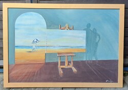 Szürrealista kép, kerettel 102x72 cm! Ablak a tengerpartra - szignózott, nagy méret