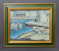 Mediterrán kikötő, barna-arany keretben (olajfestmény) hajók, Vines - tengerpart, vízpart