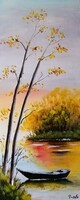 Őszi csend a parton című akrilfestmény, 20*50 cm farost