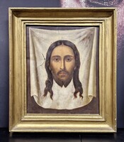 Antique religious icon painting, depiction of Jesus' burial shroud on metal sheet