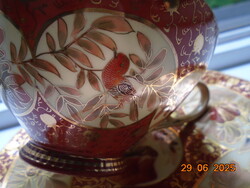 1880 Boseck&Co Haida Vaspiros-arany a Satsuma porcelánok gyümölcs,madár,virág mintáival teás készlet