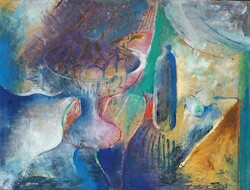 1 FT-RÓL! 80x60 cm olaj: Színes csendélet absztrakt térben - nincs minimálár! Modern, kortárs