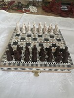 Csodás ritka Keleti valódi kagyló és csont intarziás sakk készlet.