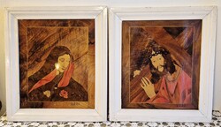 Ritka "RÁBA" jelzett intarzia kép pár: Jézus és Mária, 30x34,5 cm, egyedi kézműves alkotás