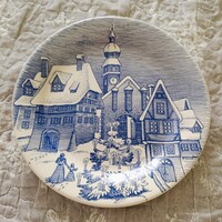 Ironstone máz alatt festett karácsonyi falu és és Enoch Woods vidéki jelenetes angol porcelán tányér