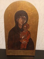 Kézzel festett antik hatású fa ikon – Mária a gyermek Jézussal. 28,5 cm magas