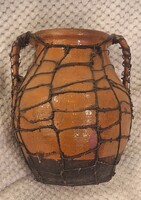 Gömöri népi cserép fazék két fülű drótozott