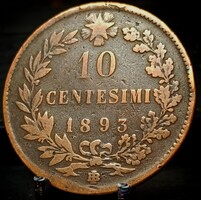 Olaszország 10 Centesimi, 1893 Verdejel: "BI" - Birmingham D16B2V