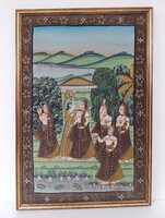 Antik indiai festett színes vászon hindu hinduizmus Krisna gopik kép keretben India 642 6106