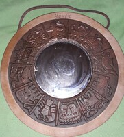 Régi KÉPCSARNOK Iparművész kör tükör ZOODIÁKUS JEGYEK RÉZBŐL fa talapzat 18 cm átmérő képek szerint