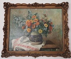 Virágcsendélet: olajfestmény blondel keretben - Mezey Ilus