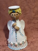 Furulyázó angyal, kerámia figura, dísztárgy, jelezett