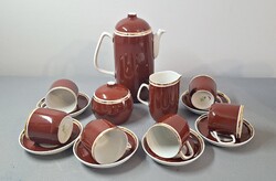 Hollóházi porcelán arany kontúros bordó 6 személyes kávés készlet