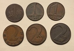 Osztrák Köztársaság aprópénzei (1924–1926) – 1, 2 és 100 Groschen, 6 db lot