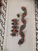 Régi indiai  ezüstözött réz ötvös ékszerek féldrágakő díszítéssel - karkötő, ruhadísz és gyűrű