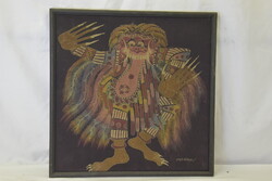 Balinéz folklór egzotikus mitológiai falikép, szignált