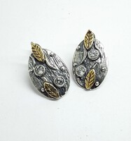 Ezüst fülbevaló,aranyozott levél,cirkónia kő,antikolt,kézműves.