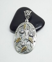 Ezüst medál,aranyozott levél,cirkónia kő,antikolt,kézműves.