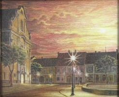 1Y383 Régi keretezett jelzetlen színes rajz - Vác Március 15. tér