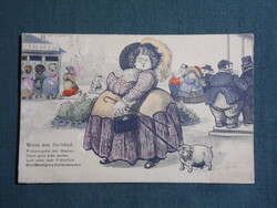 Képeslap,Csehország,Karlovy Vary,Karlsbad,fürdő,humor,vicc,Zsidó,Judaika szatíra postatörténet,1916