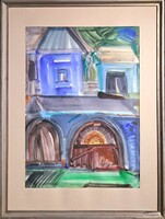 Porzsolt Borbála: Háromszéki falu (akvarell keretben) marosvásárhelyi festő, erdélyi magyar, székely