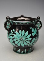 HMV MTM hódmezővásárhelyi majolika váza, különleges fülekkel,  jelzett.