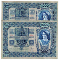 1000 Korona Bankjegy 1902 aUNC-UNC, hajtatlan sorszámkövető pár