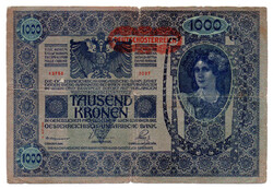 1000 Korona Bankjegy 1902 DEUTSCHÖSTERREICH bélyegzéssel VG ornamentikás hátoldal II.típus