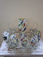 Mid century Fulvio Bianconi tulajdonított spatter üveg kiöntő + 5 pohár italos készlet halas készlet